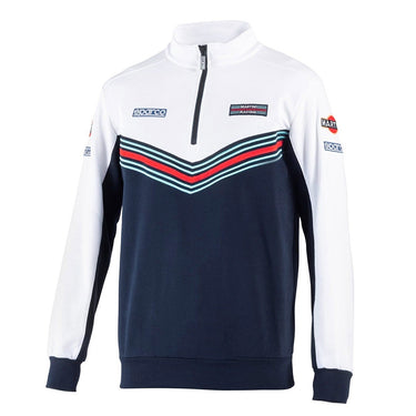 Navy and white sweatshirt with red and green accents on a white background